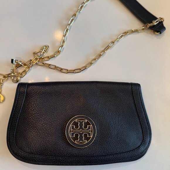 Tory Burch Handbags - Tory Burch Leather Amanda Black Clutch with Gold Chain